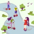 Active people in the park. Summer or spring outdoor city activity. Man and woman characters on hover board, segway, kick scooter.