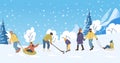 Active people in the winter park. Happy family walking and ride child on the sled. People in the park, children playing Royalty Free Stock Photo