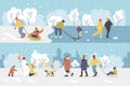 Active people in the winter park. Happy family walking and ride child on the sled. People in the park, children playing Royalty Free Stock Photo