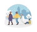 Active people in the winter park. Winter time. Happy family walking and ride child on sled. Outdoor winter activities cartoon Royalty Free Stock Photo