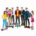 Active peoples fun with electric scooter, family on new modern technology hoverboard, man woman and child self balance Royalty Free Stock Photo