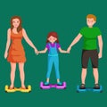 Active peoples fun with electric scooter, family on new modern technology hoverboard, man woman and child self balance