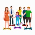 Active peoples fun with electric scooter, family on segway new modern technology hoverboard, man woman and child self