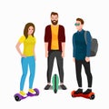 Active peoples fun with electric scooter, family on segway new modern technology hoverboard, man woman and child self