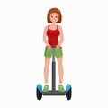 Active peoples fun with electric scooter, new modern technology hoverboard, woman self balance wheel transport