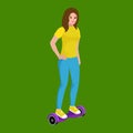 Active peoples fun with electric scooter, new modern technology hoverboard, woman self balance wheel transport