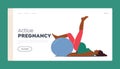 Active Pregnancy Landing Page Template. Pregnant Female Character Relaxing on Fitball, Woman Lying on Floor Royalty Free Stock Photo