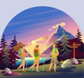 Active Recreation in the Forest. Young People Walk In a group in the Woods. Forest, Lake, Sunset, Mountains. Flat 2D Character