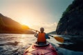 Active recreation on the water, a woman is kayaking on a mountain lake, a view from the back. Generative ai