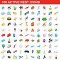 100 active rest icons set, isometric 3d style Royalty Free Stock Photo