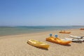 Active rest, sport, kayak. Boat for rafting on water. A few kayaks stand on beach. Beautiful tropical beach with palm trees,