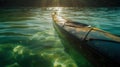 Active rest, tourism. Kayak floats on river in rays of sun. AI generated.