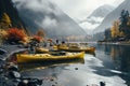 Active rest, tourism. Kayak near river bank, mountain background. AI generated.