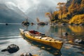 Active rest, tourism. Kayak near river bank, mountain background. AI generated.