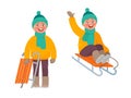 Active rest in winter. The boy is riding a sled