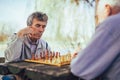 Senior men having fun and playing chess at park Royalty Free Stock Photo