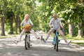 Active Retirement. Happy senior couple having fun while riding bicycles at park Royalty Free Stock Photo