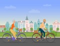 Active senior character, age travelers. Old age retired tourists couple. Elderly people riding on a bicycle near old
