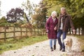 Active Senior Couple On Autumn Walk With Dog On Path Through Countryside Royalty Free Stock Photo
