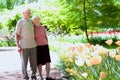 Active senior couple in beautiful flowers park