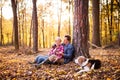 Senior couple with dog on a walk in an autumn forest. Royalty Free Stock Photo