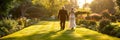 Active senior couple enjoys a leisurely stroll in the park holding hands and smiling