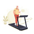 Active senior man on a treadmill at home. Lifestyle sport activities in old age. Sportive grandfather on training