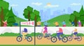 Active senior old people lead healthy lifestyle vector illustration. Retirees in nature. Cycling suitable for leisure