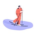 Active senior person skiing. Elderly woman skier on winter holidays. Wintertime outdoor sport. Aged female during snow