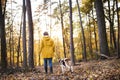 Senior woman with dog on a walk in an autumn forest. Royalty Free Stock Photo