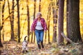 Senior woman with dog on a walk in an autumn forest. Royalty Free Stock Photo