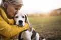 Senior woman with dog on a walk in an autumn nature. Royalty Free Stock Photo