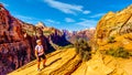 Active Senior Woman on a hike in Zion Canyon at the top of the Canyon Overlook Trail in Zion National Park, Utah Royalty Free Stock Photo