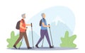 Active Seniors Healthy Lifestyle. Elderly People Nordic Walking, Open Air Workout with Sticks. Aged Couple Outdoor Sport