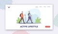 Active Seniors Healthy Lifestyle Landing Page Template. Elderly People Nordic Walk with Sticks. Aged Couple Hiking