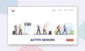 Active Seniors Landing Page Template. Old People Travel, Dancing or Walking with Scandinavian Sticks. Aged Couple Voyage Royalty Free Stock Photo