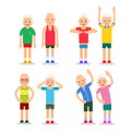 Active seniors. Old men and women in different gym poses. Happy