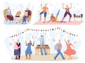 Active seniors vector elderly people training in gym, old man and woman listening to music and dancing together Royalty Free Stock Photo