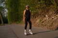 active seniors woman roller blading in park outdoor Royalty Free Stock Photo