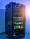 Active Server Rack in a Blue-Lit Data Center Royalty Free Stock Photo