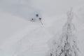 active skier curved and brakes spraying loose deep snow on the freeride slope. Freeride, winter sports outdoor