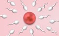 Active sperm cells swim to the egg on a pink background. The concept of pregnancy, fertilization of the egg. Vector illustration