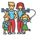 Active sport family, happy parents and children in gym, workout exercises concept.