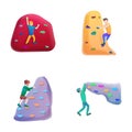 Active sport icons set cartoon vector. Climber moving up an artificial wall