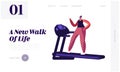 Active Sport Life Website Landing Page. Woman Running on Treadmill. Athletic Girl in Sportswear and Sneakers