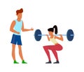 Active sport woman with trainer, girl in sportswear powerlifter squatting using heavy barbell with fitness coach