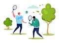 Active sports people vector illustration, cartoon flat man characters playing tennis together in summer outdoor city