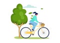 Active sports people vector illustration, cartoon flat woman character riding bike decorated with flowers in outdoor
