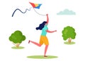 Active sports people vector illustration, cartoon flat woman character running with flying kite in outdoor city park
