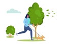 Active sports people vector illustration, cartoon happy flat woman character running, have fun with pet dog in city park Royalty Free Stock Photo